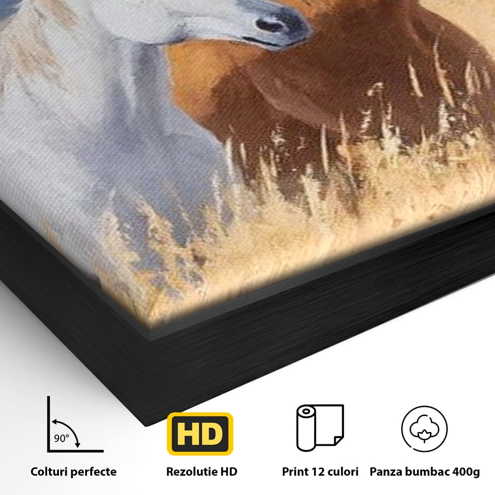 Detaliu al suprafetei: tablou canvas cu doi cai in lan, in rama de aluminiu negru
